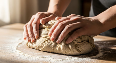 A close-up view shows a baker's hands kneading a ball of dough on a floured wooden table. The sunlight creates hard shadows, emphasizing the texture of the flour and the movement of the hands. This image represents the art of baking, homemade food, and culinary preparation.の素材