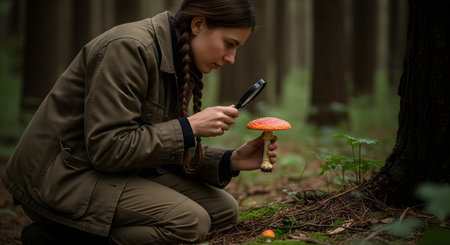 A focused young woman kneels on the forest floor, using a magnifying glass to closely examine a red Amanita muscaria mushroom. Dressed in outdoor gear, she studies the details of the fungus in its natural woodland habitat.の素材