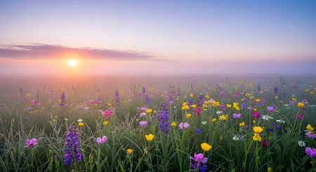 A breathtaking sunrise illuminates a misty meadow filled with colorful wildflowers in purple and yellow hues. The soft golden light and fog create a dreamlike and tranquil atmosphere, showcasing the beauty of a spring morning.の素材
