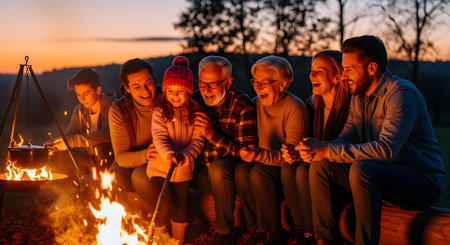 A multi-generational family gathers happily around a crackling campfire at sunset. They are laughing and talking while a pot cooks over the fire, with tents visible in the background. The warm glow of the fire illuminates their faces, creating a cozy and memorable outdoor experience.の素材