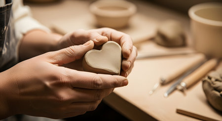 Close-up of artisan hands shaping a piece of soft clay into a heart symbol in a pottery studio. Pottery tools and other clay objects are blurred in the background. This image represents creativity, the love of craft, and handmade artistic expression.の素材