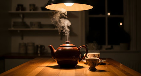A brown ceramic teapot releases steam under a warm overhead light, sitting on a wooden table alongside two floral tea cups. The moody lighting creates a cozy and inviting atmosphere, perfect for a quiet evening tea break.の素材