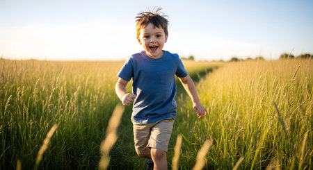A happy young boy runs excitedly through a field of tall grass during the golden hour, looking directly at the camera. The backlit image captures the joy, freedom, and energy of childhood summer days.の素材