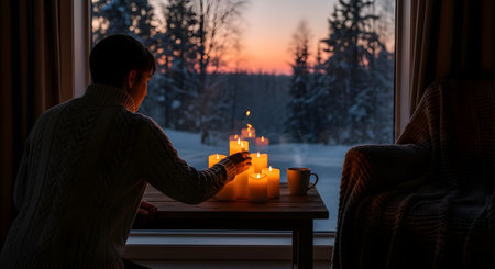 A person lights a group of candles on a wooden table by a window, creating a cozy atmosphere on a winter evening. A steaming mug sits nearby while a snowy sunset landscape is visible outside.の素材