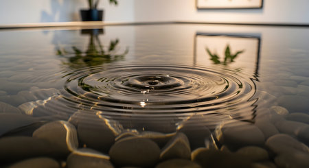 Circular ripples spread across the calm surface of a shallow indoor pool filled with smooth grey stones. The reflection of a plant and artwork is visible on the water's surface, evoking a sense of zen and tranquility.の素材