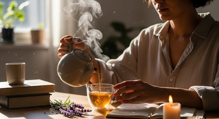 A woman pours hot tea from a ceramic pot into a glass cup, with steam rising in the golden sunlight. A stack of books and fresh lavender sprigs sit on the table, creating a peaceful and cozy reading atmosphere. The scene captures a moment of relaxation and mindfulness in the afternoon.の素材