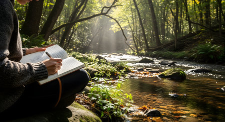 A person sits on a mossy rock by a gently flowing forest stream, writing or sketching in an open notebook. Sunlight filters through the trees, illuminating the water and creating a magical, inspiring atmosphere for creativity. The scene embodies relaxation and connection with nature.の素材