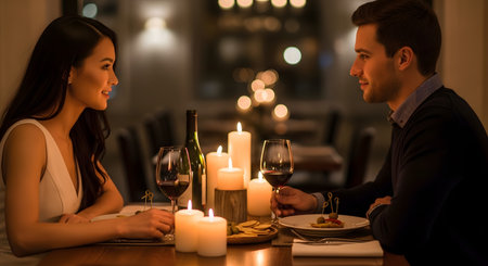 A romantic couple gazes into each other's eyes during an intimate candlelight dinner at a fine dining restaurant. The warm glow of the candles and the wine glasses on the table create a passionate and elegant atmosphere.の素材