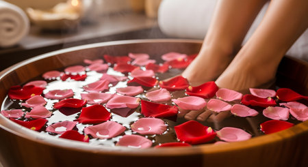 A pair of feet soaks in a warm wooden bowl filled with water and floating red rose petals in a relaxing spa setting. Soft steam rises from the water, creating a soothing atmosphere for a pedicure or foot treatment. In the background, rolled towels suggest a luxury wellness experience.の素材