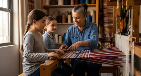 An older woman lovingly teaches two young girls how to weave colorful textiles on a traditional wooden loom. The scene captures the transmission of artisanal skills and family heritage in a craft workshop.の素材