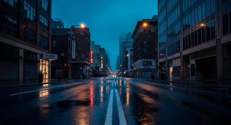 An empty city street with wet pavement reflecting streetlights and neon signs during the blue hour of twilight. The urban scene features tall buildings and a moody, cinematic atmosphere with cool tones.の素材