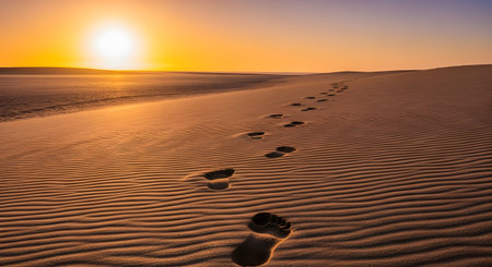 A majestic desert landscape featuring a trail of footprints leading across rippled sand dunes towards a bright sunset. The golden sun illuminates the vast, sandy horizon, creating a scene of solitude and adventure.の素材