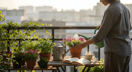 A woman tends to her balcony garden, watering potted pink flowers with a green watering can during golden hour. A city skyline is visible in the blurred background, while a book and coffee cup sit on a small table nearby.の素材