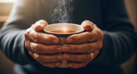 A close-up view of hands holding a ceramic cup filled with hot tea or coffee, with steam rising from the beverage. The warm lighting and cozy atmosphere suggest a moment of relaxation and comfort.の素材