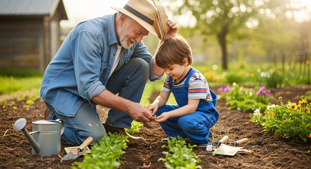 A smiling grandfather takes off his hat while kneeling beside his young grandson in a vegetable garden. The boy interacts with the soil and plants, learning about nature and agriculture from his elder. The sunny outdoor scene captures a heartwarming moment of intergenerational bonding and shared activity.の素材