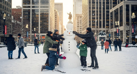 A diverse group of friends and a child have fun building a snowman in a city square surrounded by tall buildings. Snow falls gently around them as they decorate the snowman with a carrot nose. The scene captures the joy of winter activities in an urban setting.の素材