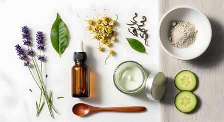 A flat lay composition of natural skincare ingredients and products on a white and beige background. Items include an amber dropper bottle, a jar of cream, fresh cucumber slices, lavender sprigs, chamomile flowers, clay powder, and green leaves. The arrangement represents organic beauty, wellness, and self-care.の素材