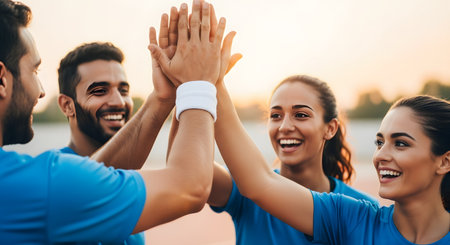 A diverse group of smiling athletes in matching blue jerseys gives a collective high-five outdoors at sunset. They look happy and motivated, symbolizing teamwork, success, camaraderie, and fitness achievements.の素材