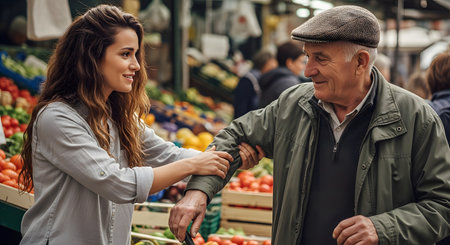 A caring young woman helps an elderly man, possibly her grandfather, navigate through a bustling outdoor produce market. They share a warm moment of connection amidst crates of fresh vegetables and fruits.の素材