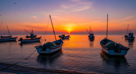Several small fishing boats float peacefully on calm water during a vibrant orange and purple sunset. The serene coastal landscape captures the beauty of the sea at dusk, with silhouettes of masts against the colorful sky.の素材