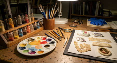 A detailed art restoration workspace features broken ceramic artifacts laid out on a table alongside fine brushes, pigments, and tools. A desk lamp illuminates the delicate repair process, highlighting the precision required to restore historical objects.の素材