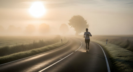 A male runner jogs down a paved country road surrounded by mist during a golden sunrise. The athletic scene captures dedication to fitness and the serenity of early morning exercise outdoors.の素材