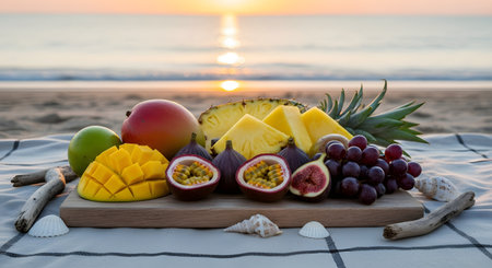 A fresh tropical fruit picnic setup on a beach blanket featuring mango pineapple and passion fruit against an ocean sunrise background. The scene evokes summer vacation healthy eating and relaxation.の素材