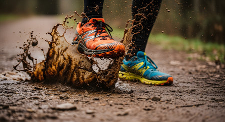 Close-up of a runner's feet wearing orange sneakers splashing through a muddy puddle on a dirt trail. Water and mud droplets fly in the air, capturing the action and intensity of cross-country running or trail jogging.の素材