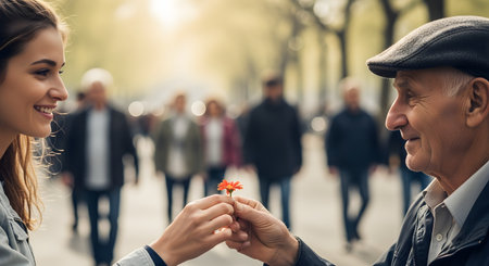 A smiling young woman hands a small red flower to an elderly man on a city street, showing a gesture of kindness and respect. The warm interaction bridges the generation gap, highlighting themes of compassion and community connection. The background is softly blurred, focusing attention on the exchange.の素材