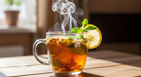 A glass cup filled with hot herbal tea, chamomile flowers, and mint leaves sits on a wooden table, releasing swirls of steam. A slice of lemon adorns the rim, backlit by natural light that creates a warm and cozy atmosphere.の素材