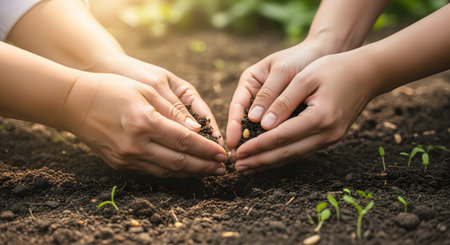Close-up of two pairs of hands, possibly a parent and child, planting a seed into dark, fertile soil in a garden. Small green sprouts are visible nearby, symbolizing growth, new beginnings, and environmental stewardship.の素材