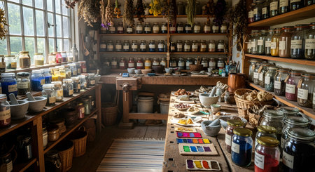 An old-fashioned apothecary shop is filled with shelves of glass jars containing various powders and ingredients, with dried herbs hanging from the ceiling. A wooden workbench in the center holds mortar and pestles, creating a scene of traditional herbal medicine or alchemy. Natural light streams through a large window, illuminating the rustic interior.の素材