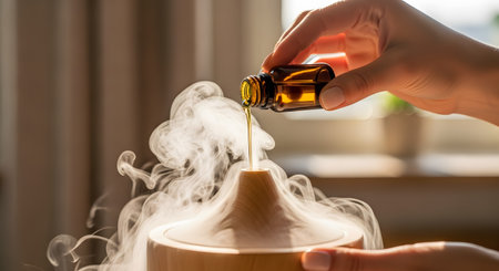 A hand pours drops of essential oil from an amber bottle into a wooden aromatherapy diffuser, creating a swirl of mist. The backlit scene is filled with soft light, evoking a calming and relaxing atmosphere perfect for spa or wellness concepts. The image captures the ritual of home fragrance and self-care.の素材