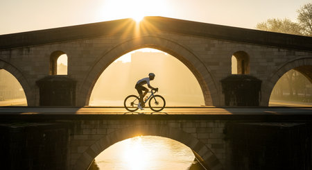 A cyclist rides a road bike across an arched stone bridge, silhouetted against the warm glow of a golden sunset. The sunburst effect between the bridge arches creates a dramatic and energetic backdrop for the sport activity.の素材