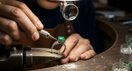 A skilled jeweler uses a precision tool to set a large green emerald gemstone into a silver ring at a workbench. The workspace is filled with equipment and other gems, showcasing the detailed art of jewelry making.の素材