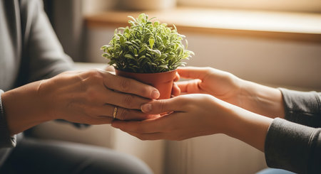 A close-up shot of two pairs of hands exchanging a small potted green plant in a soft, naturally lit indoor setting. This image symbolizes giving, growth, sustainability, and care for the environment. It represents a gesture of kindness or the passing of responsibility.の素材