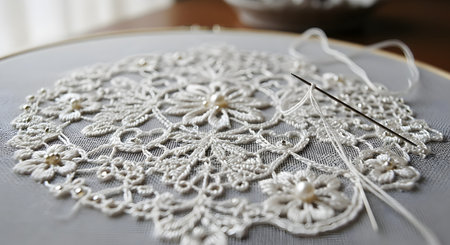 Close-up detail of a wooden embroidery hoop holding sheer fabric with delicate white lace stitching and pearl embellishments. A needle and thread rest on the work, capturing the precision and elegance of the needlecraft. The image highlights the texture and artistry of traditional hand embroidery.の素材