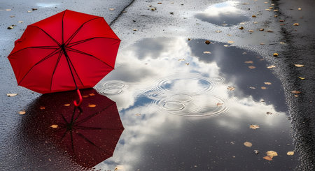 A bright red open umbrella sits on wet asphalt pavement, reflecting the blue sky and clouds in the puddles. Fallen autumn leaves are scattered around, creating a contrast between the vibrant red and the dark gray surface. The image evokes a mood of solitude or the aftermath of a rainstorm.の素材
