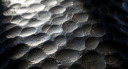 A close-up view of a dark, hammered metal surface with a rough, dented texture reflecting light. The abstract industrial pattern creates a strong and durable metallic background.の素材