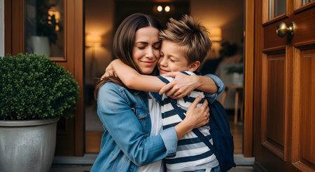 A loving mother hugs her young son tightly at the front door of their home, likely welcoming him back from school. The child wears a backpack, and the scene conveys warmth, family love, and happiness.の素材