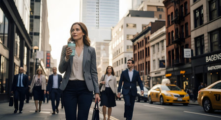 A confident businesswoman walking down a busy city street holding a reusable coffee cup during her morning commute. Skyscrapers and a yellow taxi in the background create a dynamic urban atmosphere.の素材