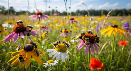 A busy scene of honey bees collecting nectar from vibrant purple and yellow coneflowers in a sunlit meadow. The close-up captures the details of the insects and the blooming wildflowers, representing biodiversity and the summer season.の素材
