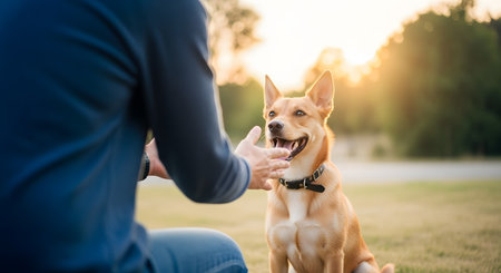 A man interacts with his attentive dog in a grassy park during the golden hour of sunset. The dog sits and looks happily at its owner, capturing a moment of bonding, training, and friendship.の素材