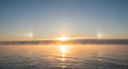 A breathtaking view of a sunrise over calm water featuring the atmospheric phenomenon known as sun dogs (parhelia). The mist hovering over the water glows with golden light, creating a symmetrical and ethereal landscape.の素材