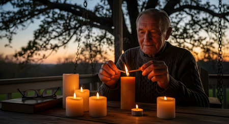 A senior man smiling gently while lighting beeswax candles on a wooden porch table at sunset. The warm glow of the match and candles creates a cozy and peaceful evening atmosphere.の素材