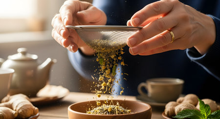 Close-up of hands sifting dried herbal tea ingredients like chamomile and lavender through a mesh strainer into a wooden bowl. A teapot and ginger root are visible in the background suggesting natural remedy preparation.の素材