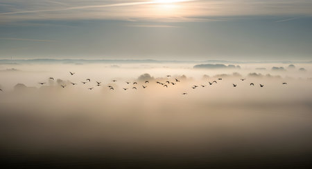 A flock of birds flies in silhouette across a foggy landscape illuminated by the rising sun. The mist covers the fields and trees below, creating a mysterious and ethereal morning atmosphere.の素材