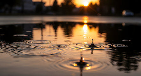 Close-up of raindrops creating ripples in a puddle on an asphalt road during a golden sunset. The warm sunlight reflects on the water's surface, creating a moody and atmospheric scene suitable for weather concepts.の素材