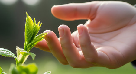 A close-up image shows a human hand gently touching the fresh, vibrant green leaves of a young plant. The scene symbolizes a connection with nature, growth, and environmental care.の素材