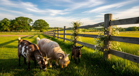 A picturesque farm scene showing goats, including a young kid, grazing in a lush green pasture next to a rustic wooden fence. The sunny landscape features rolling hills, trees, and a blue sky.の素材